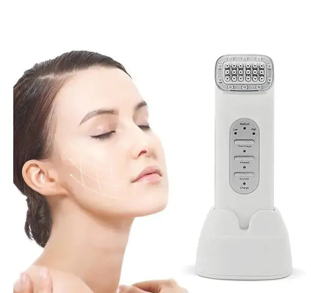 Thermage RF Beauty Device for Facial Tightening with a model demonstrating its use, featuring a sleek ergonomic design from My store.