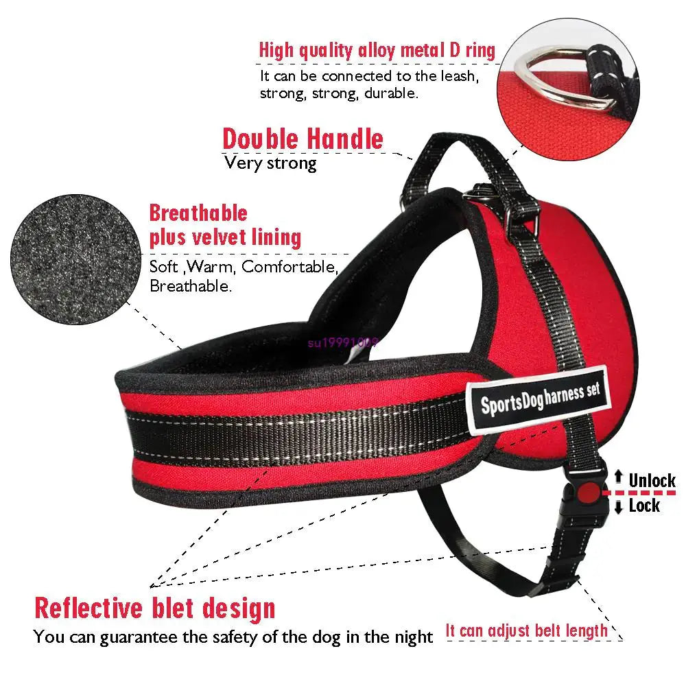 Close-up of sports dog harness featuring breathable velvet lining and reflective belt design, perfect for outdoor adventures from My store.