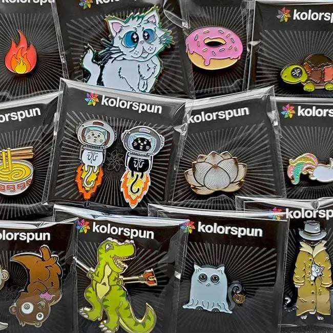Various colorful enamel pins from My Store, including fun designs like cats and food, ideal fashion accessories.