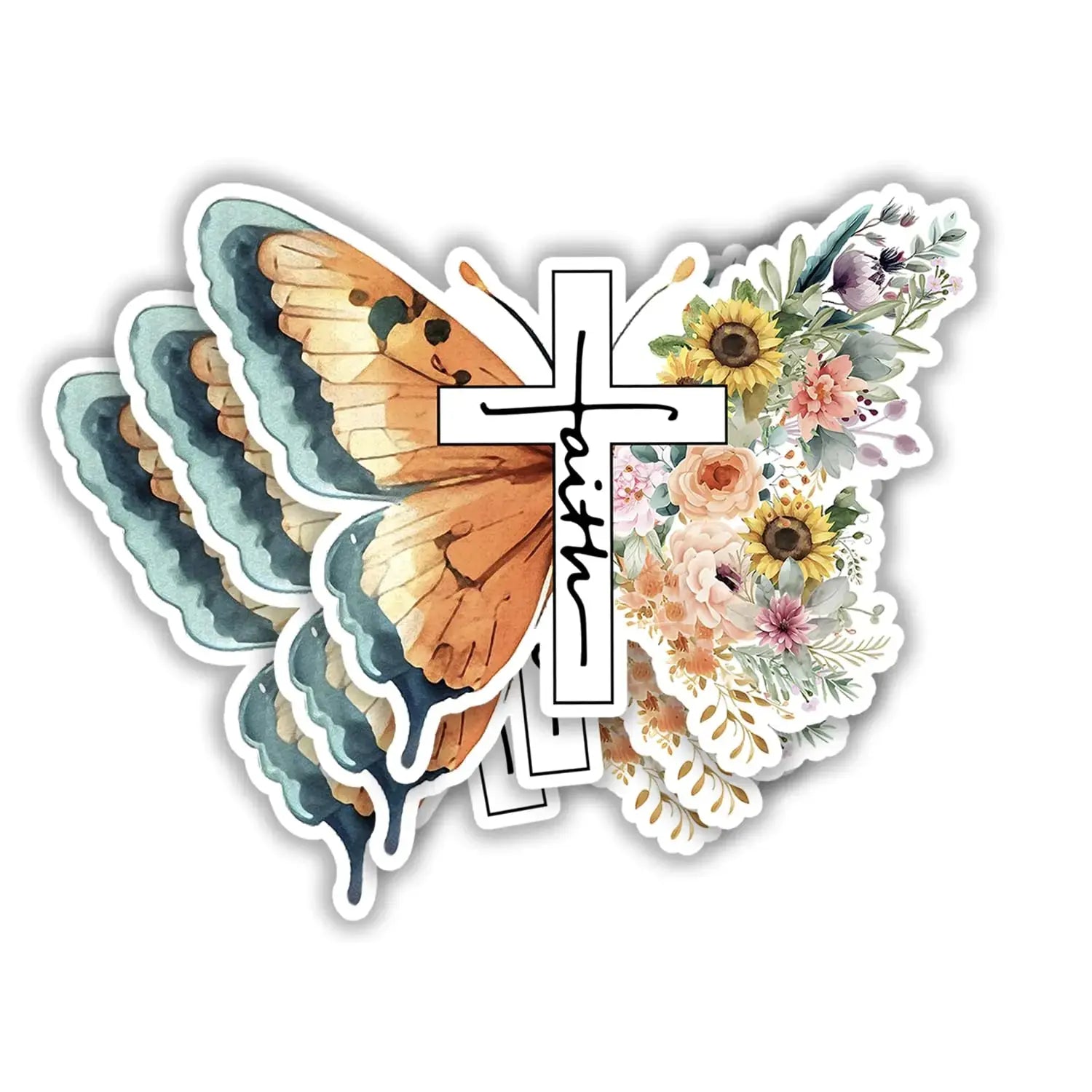 Colorful vinyl decal of a butterfly with a cross and floral accents, ideal for books and phone cases. From My Store, included in the 3pcs Christian Jesus Sticker Inspirational Bible Verse Quotes collection.