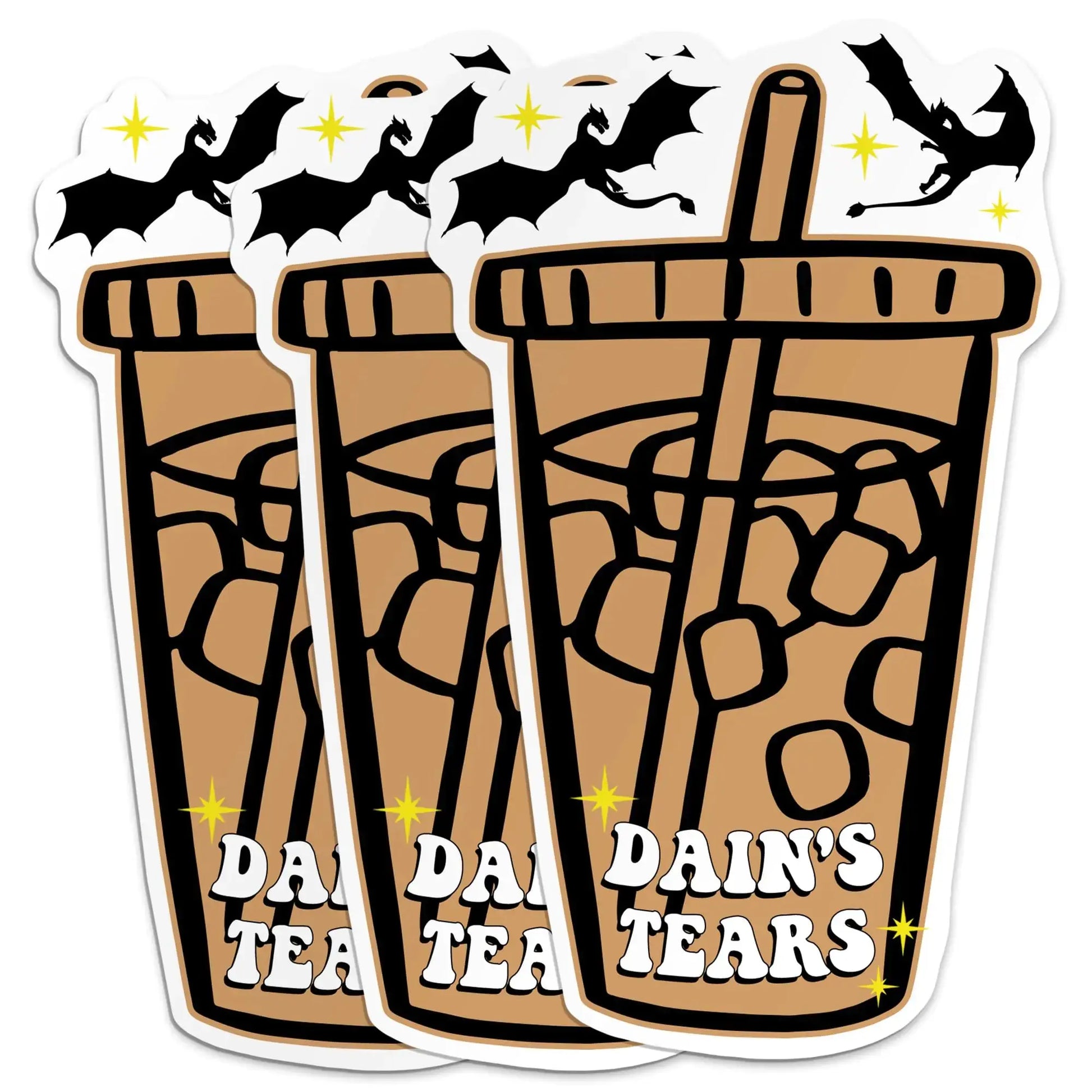 Set of three waterproof vinyl stickers featuring an illustrated cup labeled 'Dain's Tears,' perfect for decorating water bottles, laptops, and phone cases. Designed by My Store, these 2-inch stickers are ideal for book lovers and reading enthusiasts.