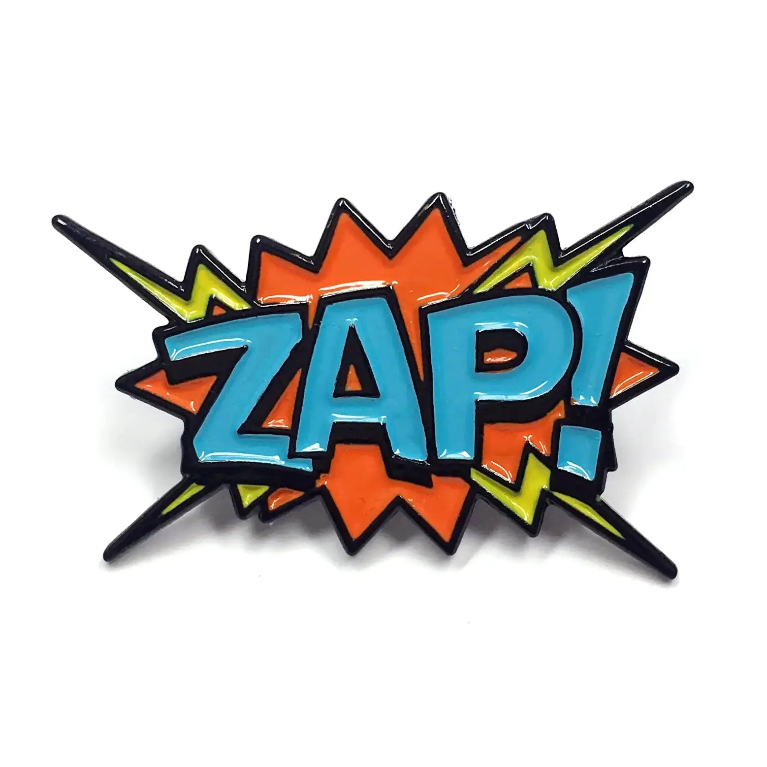 ZAP! Pop Art Pin with bold orange and teal colors, perfect for personalizing clothing, from My Store.